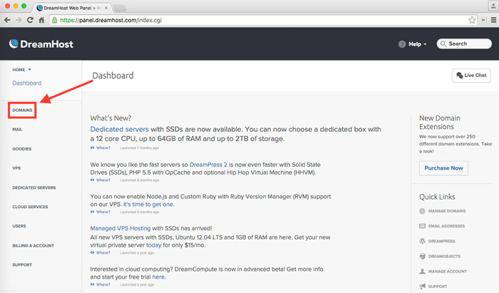 Dreamhost domain dashboard