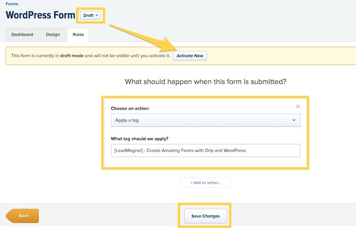 Setup a rule for the Drip form, Web Champs